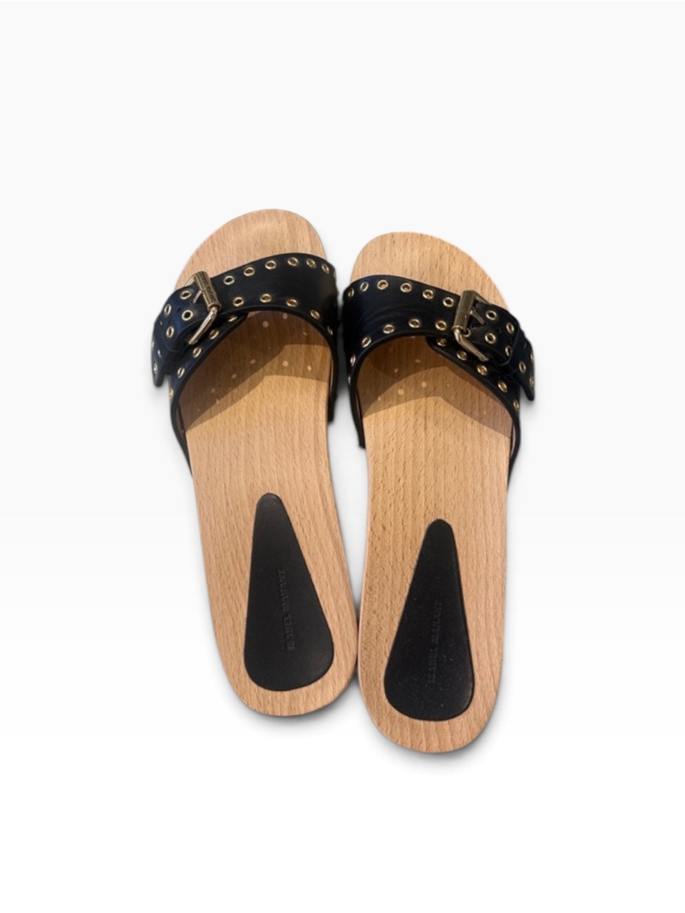 Isabel Marant Black Leather Grommet Buckle Wood-Effect Slide Mules - Picture 3 of 6